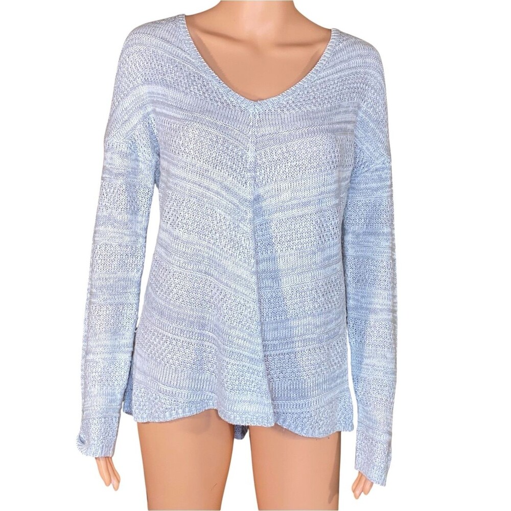 Pink Rose Oversized Pullover Knit Sweater V- Neck Blue Cream Subtle Texture SZ L